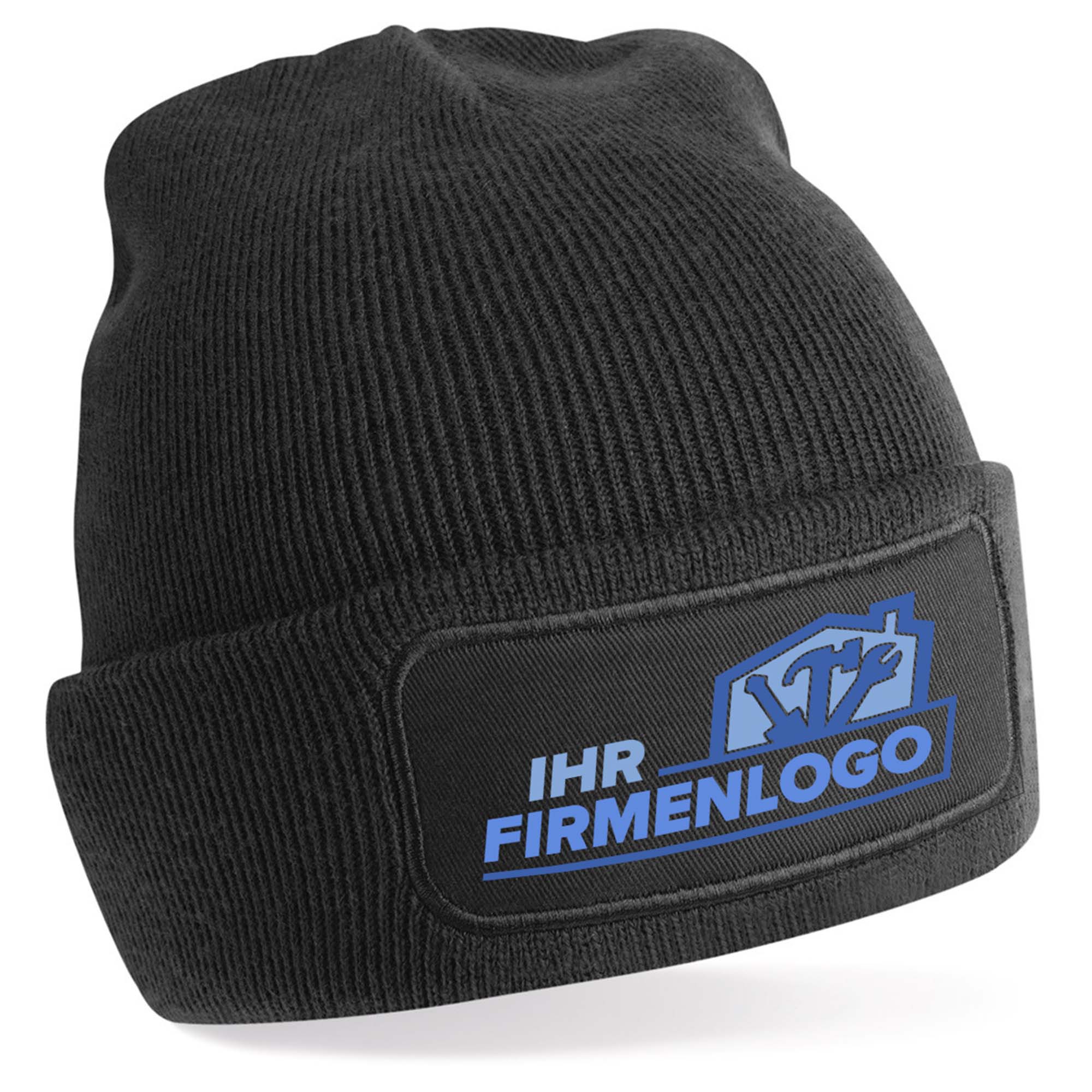 Schwarze Handwerker Beanie Wintermütze mit Firmenlogo-Patch