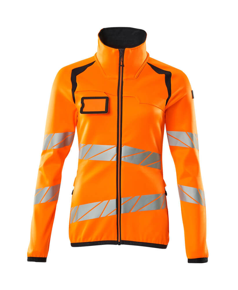 MASCOT® ACCELERATE SAFE Fleecejacke in Damenpassform, fluoreszierend orange mit schrägen Reflexstreifen, Stehkragen, Reißverschluss, Vordertaschen und abnehmbarem ID-Kartenhalter