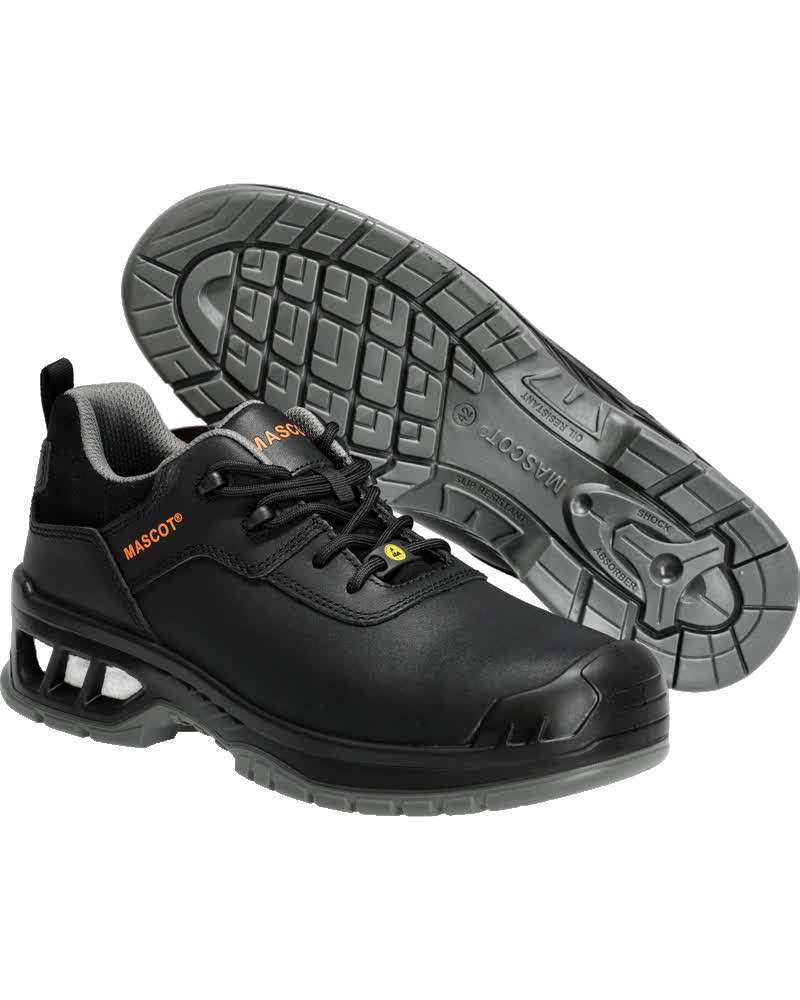 Schwarze MASCOT® FOOTWEAR ENERGY Sicherheitsschuhe aus vollnarbigem Leder mit Komposit-Zehenschutzkappe, textiler Durchtrittschutzsohle und rutschfester, hitzebeständiger PU/PU-Laufsohle