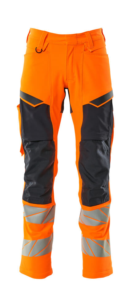 MASCOT® ACCELERATE SAFE Warnschutzhose mit Knietaschen, zweifarbige Hi-vis Arbeitshose in Orange/Schwarzblau mit Reflexstreifen