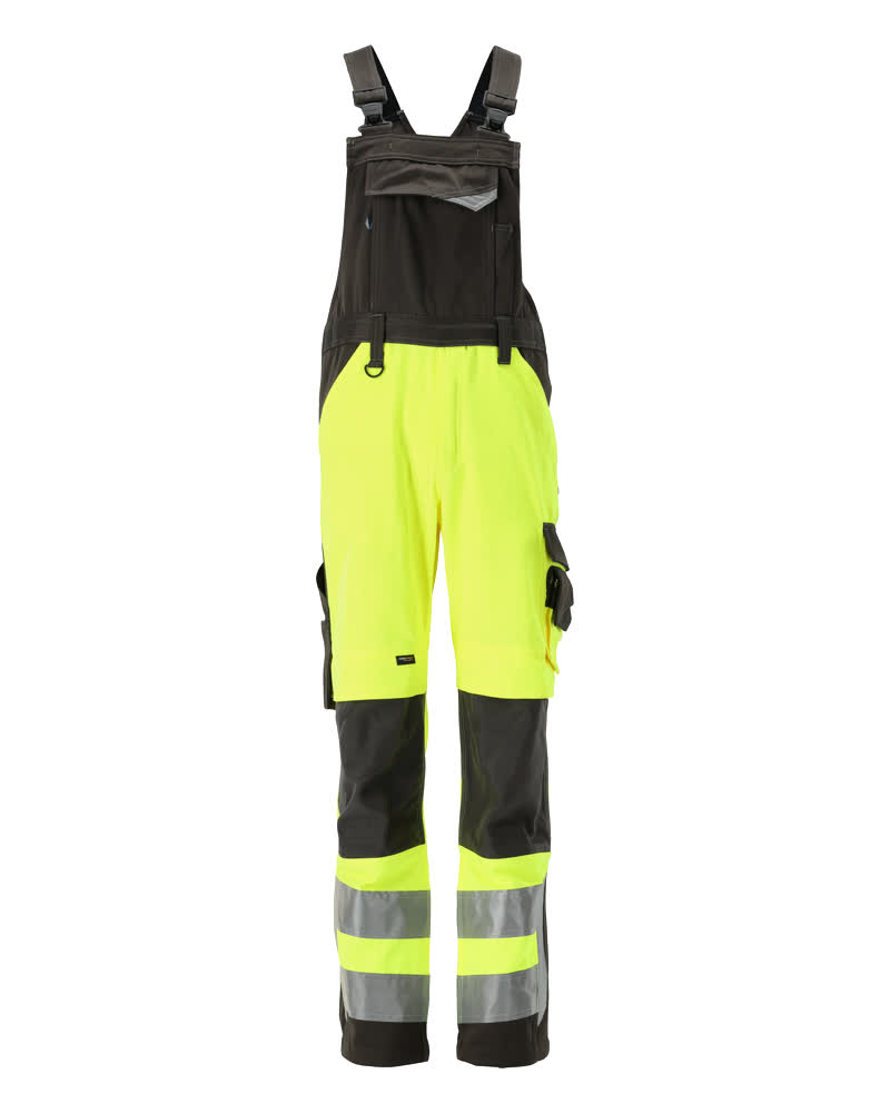 MASCOT® Newcastle SAFE SUPREME Latzhose mit Knietaschen, zweifarbige Warnschutz-Latzhose in Hi-vis Gelb/Schwarzblau mit Reflexstreifen und Funktionstaschen