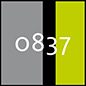 Quadratisches Farbmuster mit der Nummer 0837, links grauer Balken, rechts limettengrüner Balken auf schwarzem Hintergrund