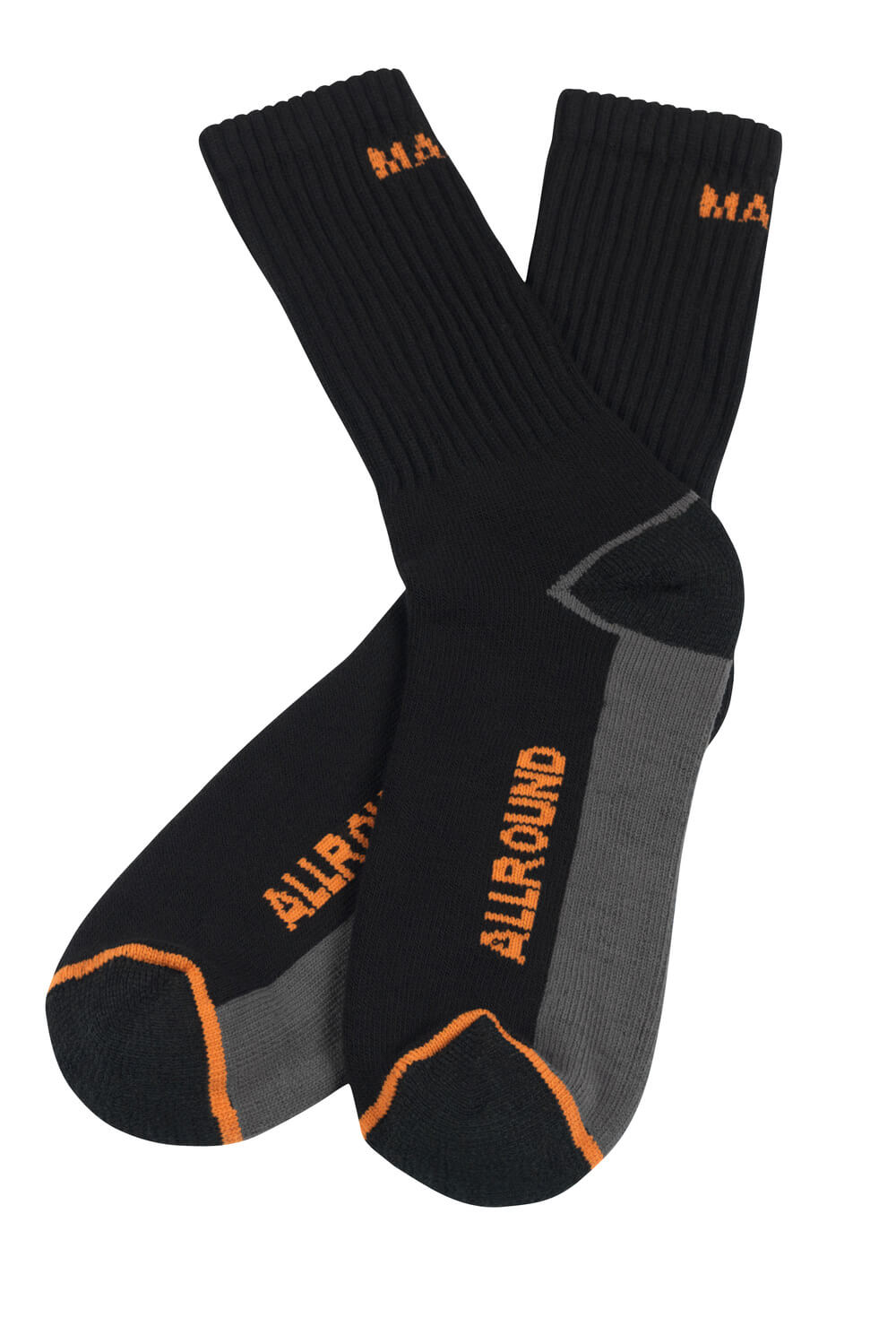 Produktbild der MASCOT® Mongu COMPLETE Socken in Schwarz mit grauen und orangen Details, robusten Verstärkungen an Ferse, Zehen und Sohle für hohen Tragekomfort in Arbeits- und Sicherheitsschuhen