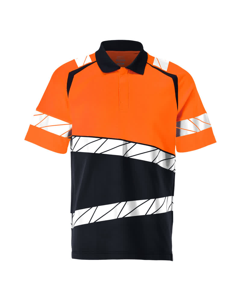 MASCOT® ACCELERATE SAFE Polo-Shirt in Schwarzblau/Hi-vis Orange, modernes Warnschutz-Poloshirt mit schräg verlaufenden reflektierenden Streifen, elastischem Polyester-Stretch außen und weicher Baumwollinnenseite für hohen Tragekomfort