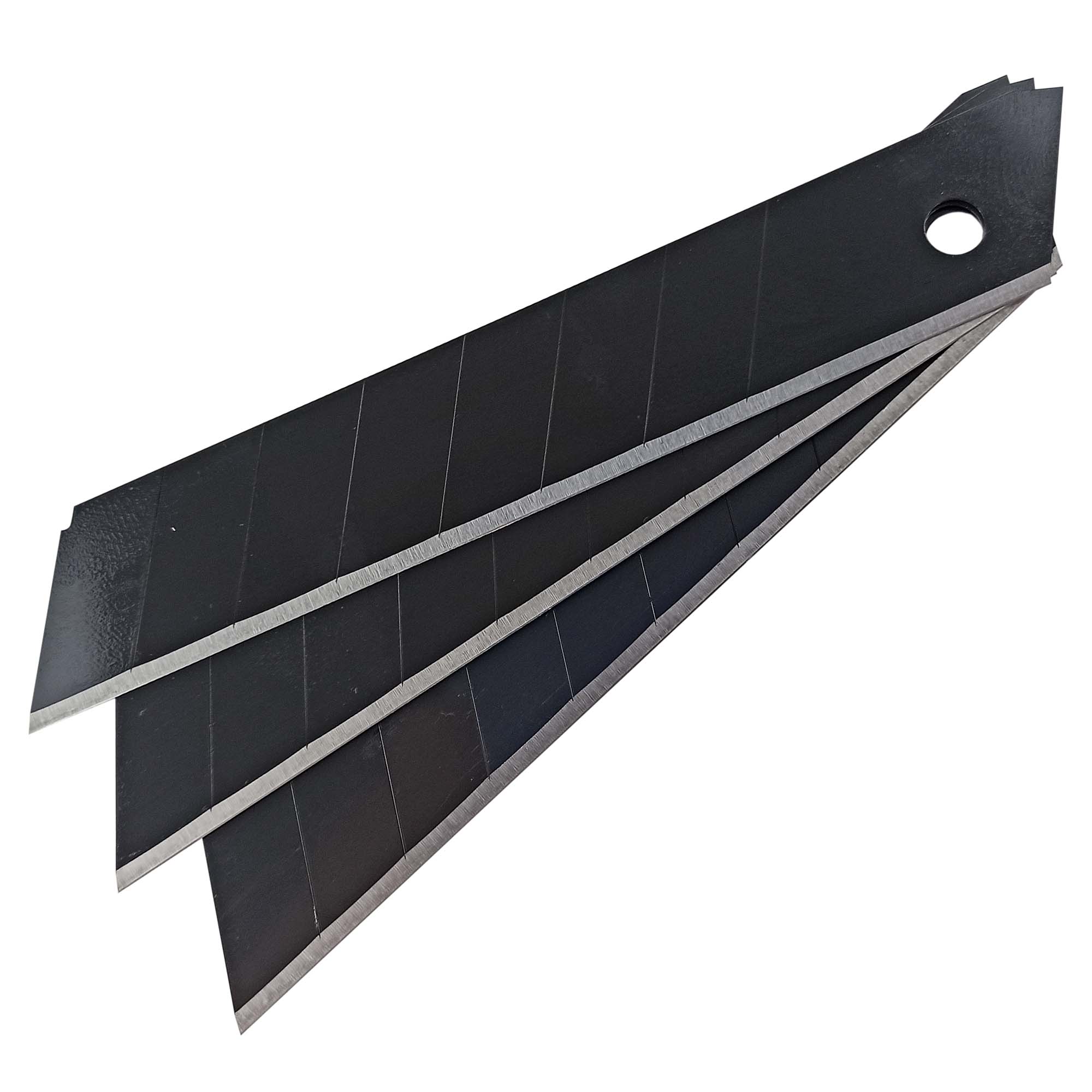 Detailansicht schwarzer Zero Dust Abbrechklingen 18 mm aus Premium-Stahl für Cuttermesser, Teil des 110-teiligen Pakets