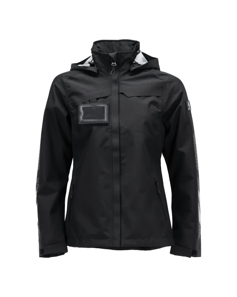 Vorderansicht einer schwarzen wasserdichten Damen-Funktionsjacke mit Kapuze, Reißverschluss, Brusttasche und transparentem Ausweishalter