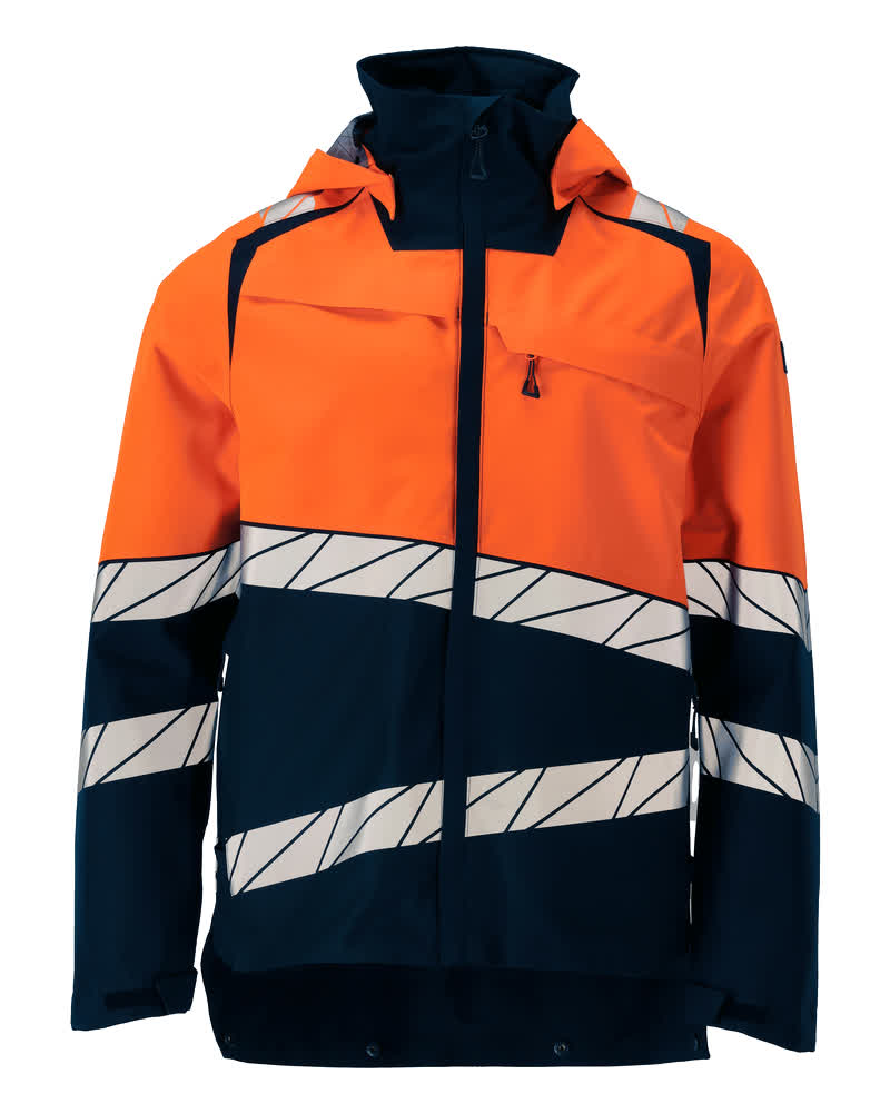 MASCOT® ACCELERATE SAFE Hardshelljacke in Schwarzblau/Hi-vis Orange, fluoreszierende Warnschutzjacke mit schrägen Reflexstreifen, abnehmbarer Kapuze und wasserdichten Reißverschlüssen