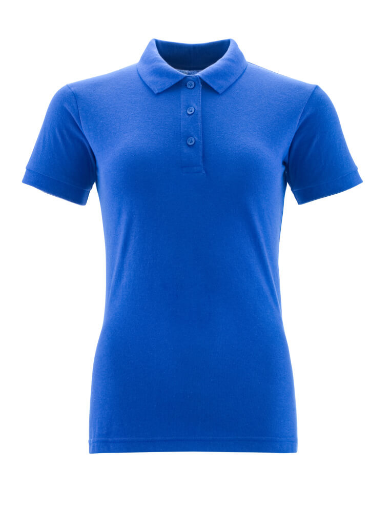 Abgebildet ist ein tailliertes Damen Poloshirt in Königsblau mit kurzer Knopfleiste und klassischem Kragen