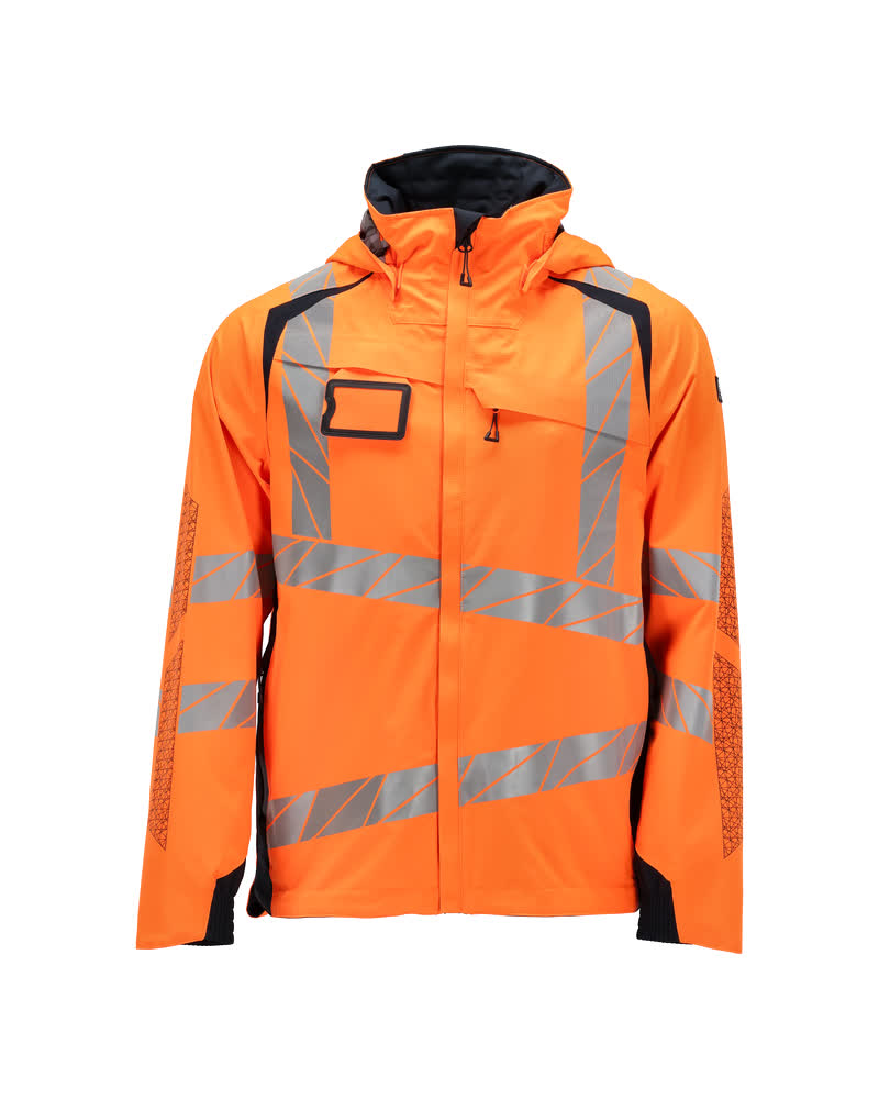MASCOT® ACCELERATE SAFE Hardshelljacke in fluoreszierendem Hi-Vis Orange mit Reflexstreifen, abnehmbarer Kapuze und wasserdichten Reißverschlüssen