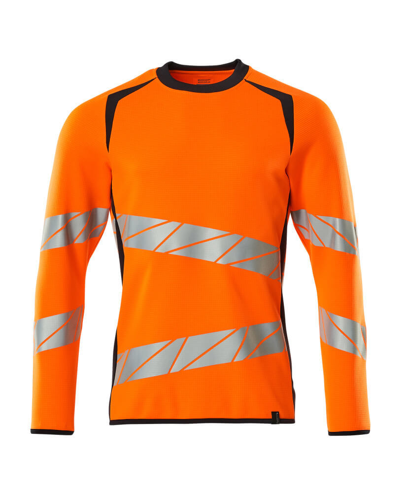 Leuchtend orangefarbenes MASCOT® ACCELERATE SAFE Sweatshirt, zweifarbig mit schwarzen Einsätzen und schräg verlaufenden, elastischen Reflexstreifen für hohe Sichtbarkeit im Arbeitsschutz
