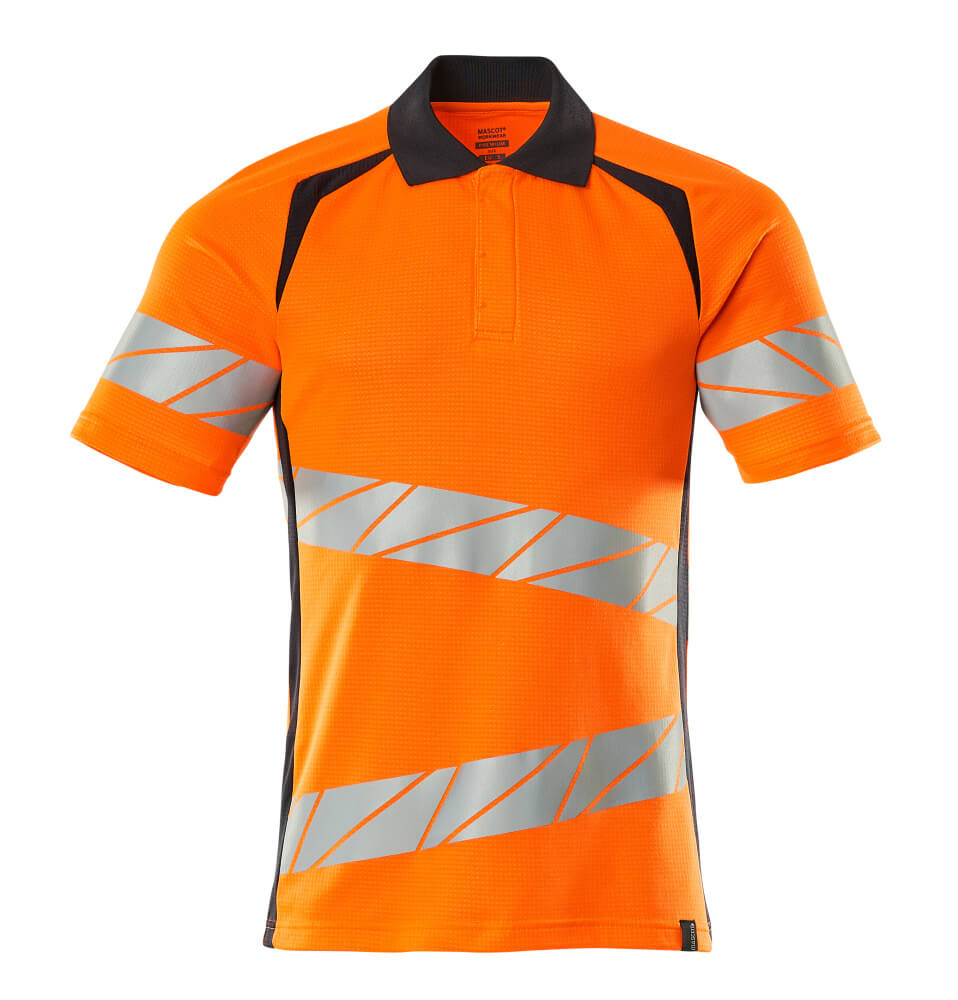 MASCOT® ACCELERATE SAFE Polo-Shirt, kurzärmeliges Warnschutz-Poloshirt in hi-vis Orange mit reflektierenden Streifen und schwarzem Kragen für hohe Sichtbarkeit bei der Arbeit