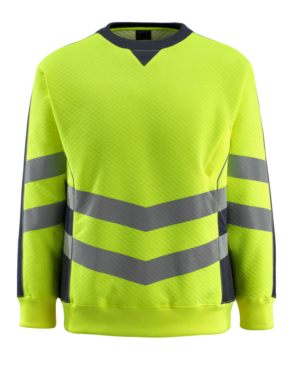 Vorderansicht des MASCOT® Wigton SAFE SUPREME Sweatshirts, zweifarbige Warnschutzbekleidung in Hi-vis Orange/Schwarzblau mit reflektierenden Streifen, Größe 3XL