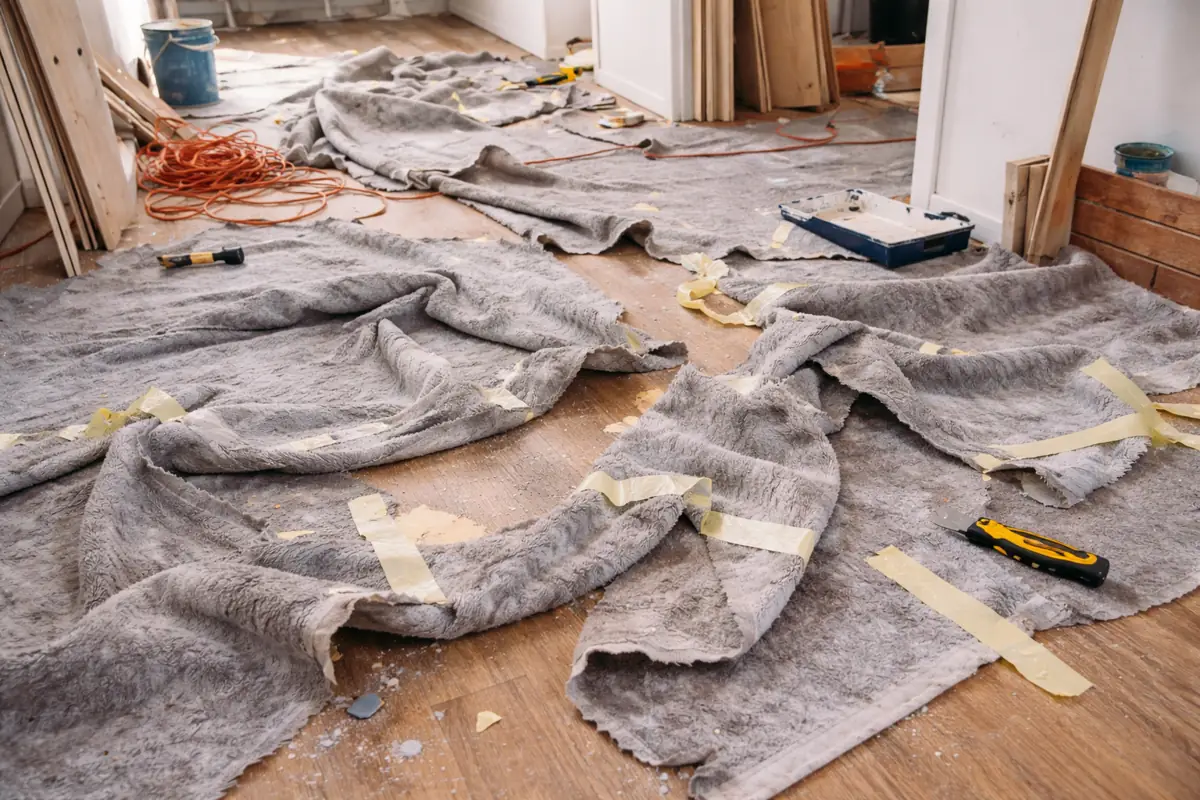 Grau ausgelegtes Abdeckvlies schützt den Holzboden während Renovierungsarbeiten, um Farbe, Staub und Schmutz abzufangen