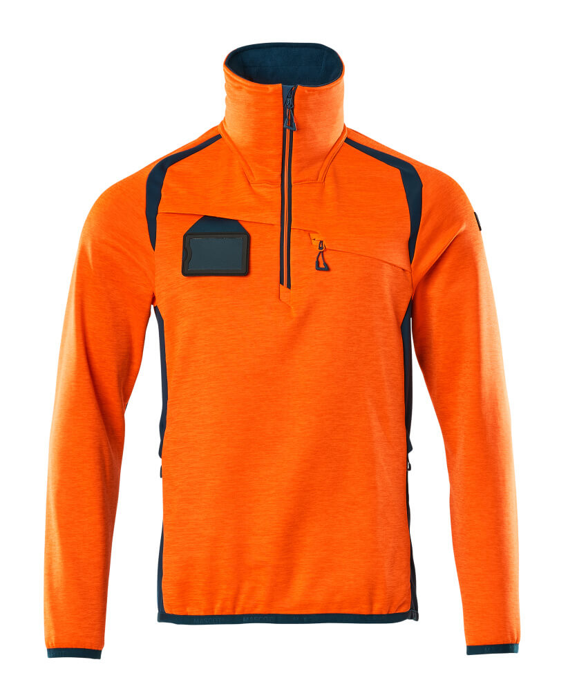Orangefarbene Arbeits-Sweatjacke mit langem Arm, Stehkragen, Half-Zip und Brusttasche, vorne freigestellt