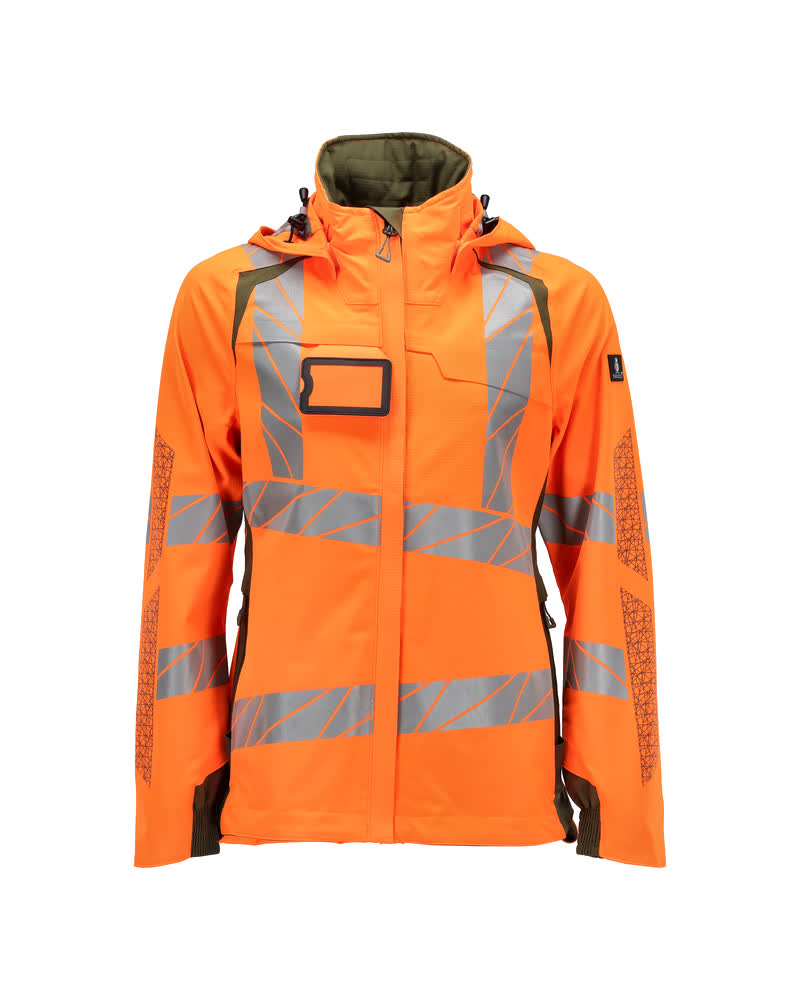 MASCOT® ACCELERATE SAFE Hardshelljacke für Damen, zweifarbige Winterwarnschutzjacke in Hi-Vis Orange mit reflektierenden Streifen und Kapuze, Frontansicht