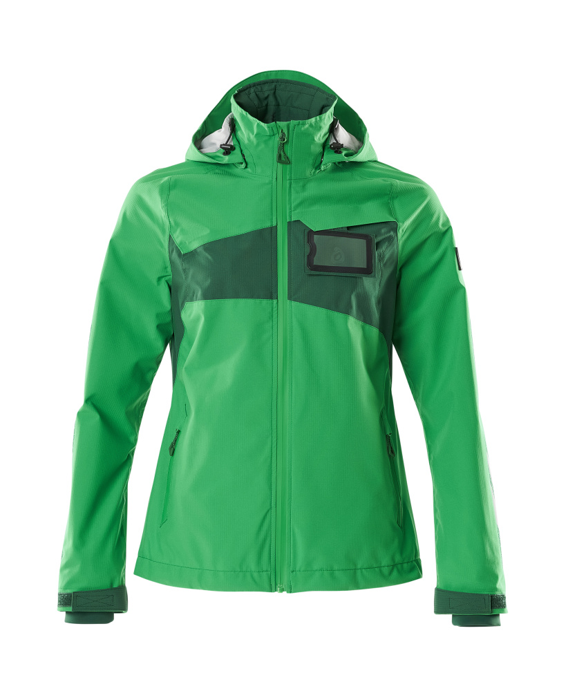 Vorneansicht der grasgrün/grünen MASCOT® ACCELERATE Hardshelljacke in Damenpassform, wind- und wasserdichte Winterjacke in Größe 2XL mit Kapuze und Reißverschluss