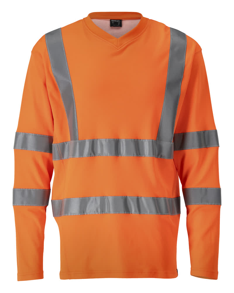 MASCOT® SAFE CLASSIC Langarmshirt in fluoreszierendem Hi-Vis Orange, einfarbig mit waagerechten und senkrechten elastischen Reflexstreifen, moderner Passform und V-Ausschnitt für hohe Sichtbarkeit im Arbeitsalltag
