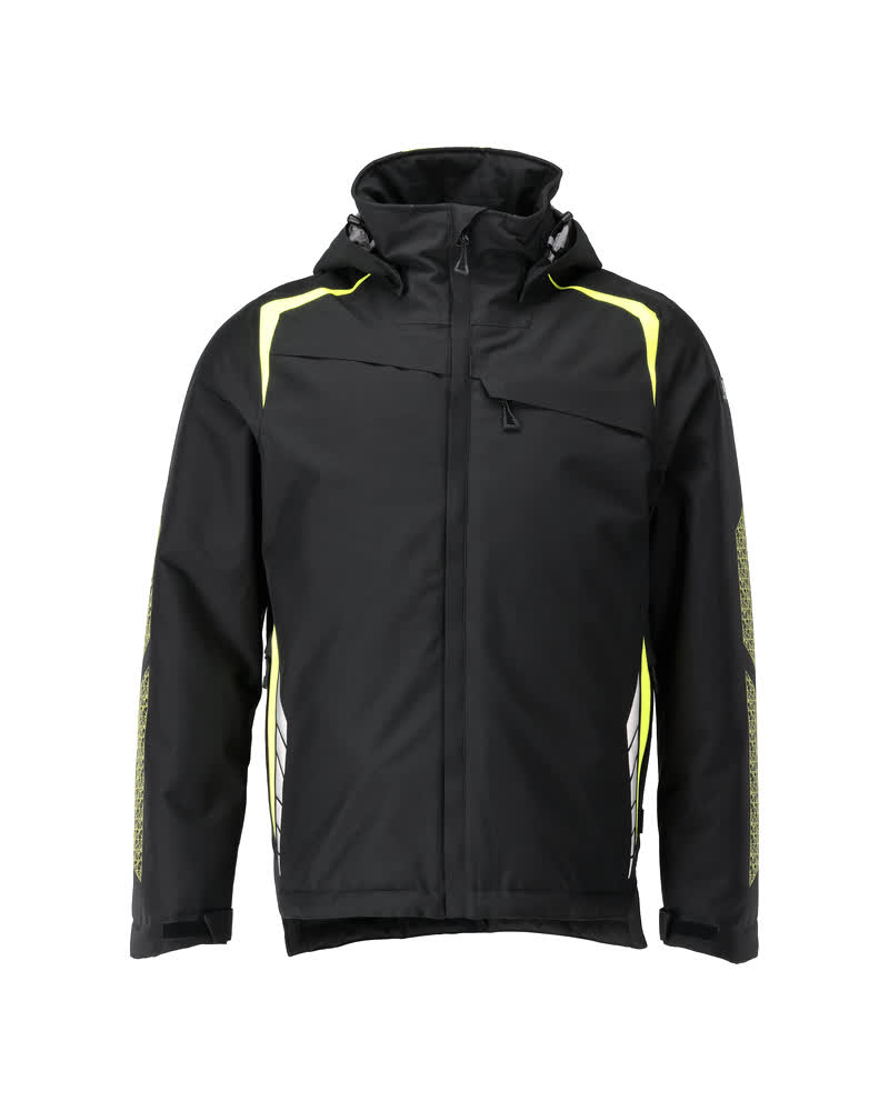 MASCOT® ACCELERATE SAFE Winterjacke in Schwarz/Hi-vis Gelb, Größe 2XL, zweifarbige Winterwarnschutzjacke mit Kapuze für kalte Arbeitseinsätze