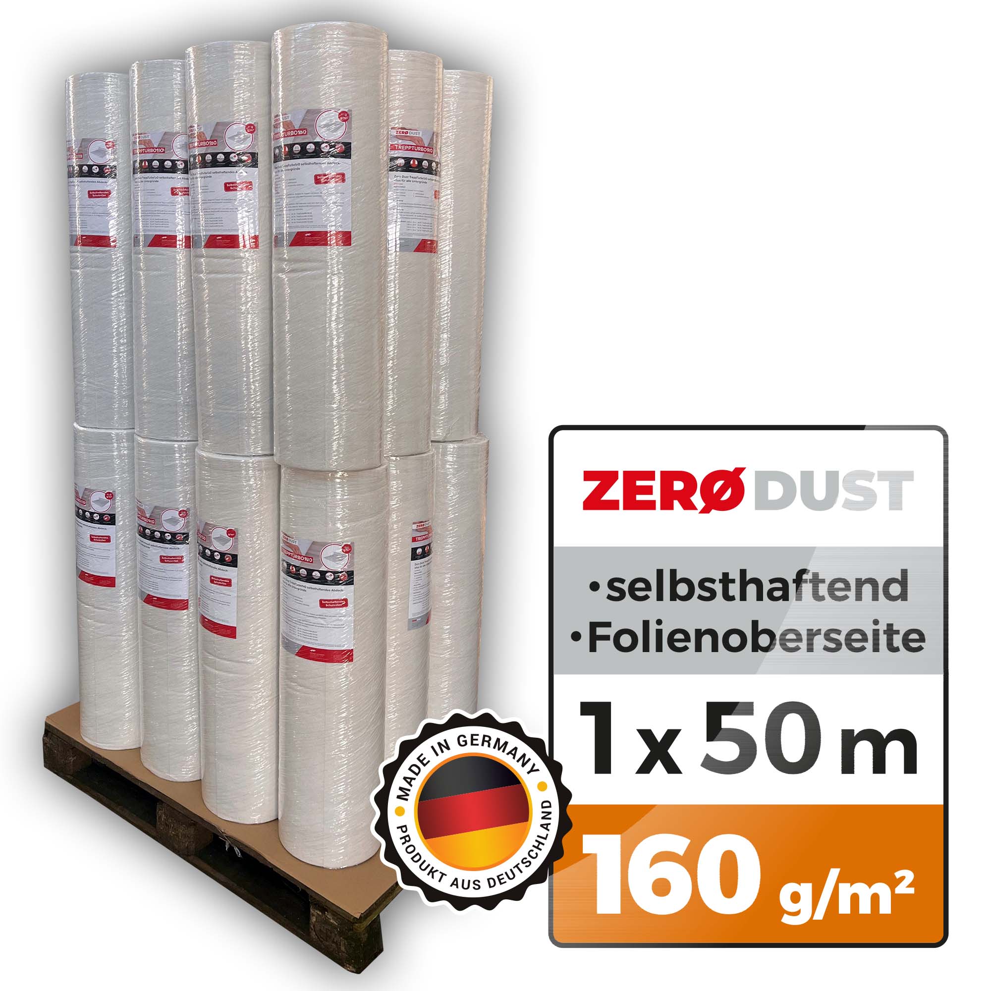 Palette mit mehreren Rollen ZERODUST selbsthaftendem Abdeckvlies, 1 x 50 m, 160 g/m², Folienoberseite, produziert in Deutschland