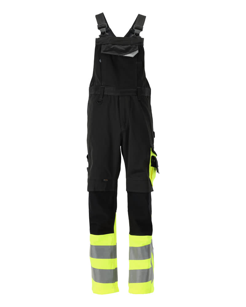 MASCOT® Sunderland SAFE SUPREME Latzhose mit Knietaschen, zweifarbige Warnschutz-Latzhose in Schwarzblau/Hi-vis Gelb mit Reflexstreifen, Modell 76C58