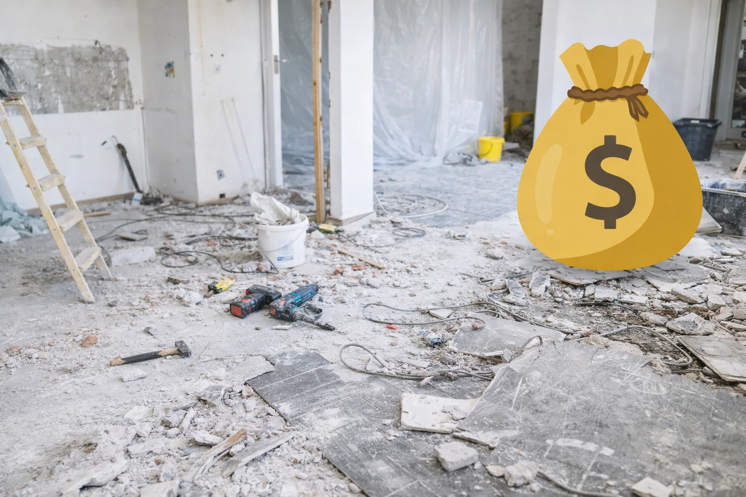 Wohnung im Rohbau mit Schutt, Werkzeugen und Leitern auf dem Boden, daneben ein gezeichneter Geldsack mit Dollarzeichen als Symbol für Renovierungskosten