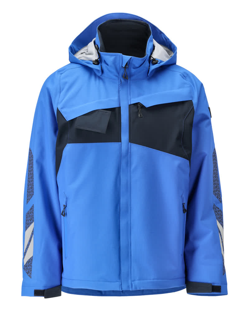 Vorderansicht der MASCOT® ACCELERATE Winterjacke in Azurblau/Schwarzblau, Größe 2XL, warme Arbeits-Winterjacke mit Kapuze und Reißverschlusstaschen