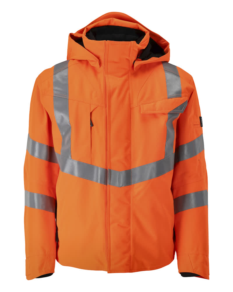 Leuchtend orange MASCOT® Hastings SAFE SUPREME Winterjacke in Größe 2XL mit reflektierenden Streifen, abnehmbarer Kapuze und CLIMASCOT® Isolierung für Winterwarnschutz
