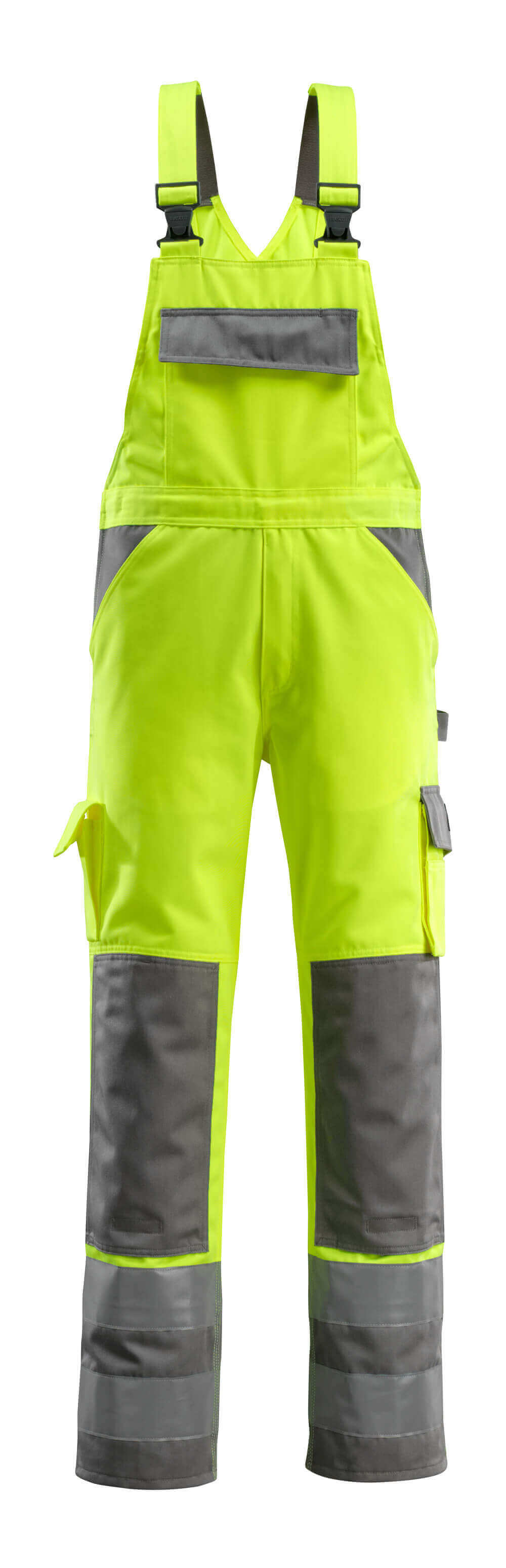 MASCOT® Barras SAFE COMPETE Latzhose mit Knietaschen, zweifarbige Warnschutz-Arbeitslatzhose in Hi-vis Gelb/Marine mit Reflexstreifen für hohe Sichtbarkeit