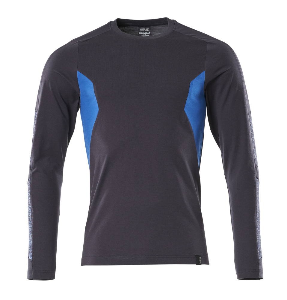 MASCOT® ACCELERATE Langarmshirt in Schwarzblau/Azurblau, moderne körpernahe Passform aus gekämmter Baumwolle, ideal als robuste Arbeitsbekleidung mit Platz für Firmenlogo