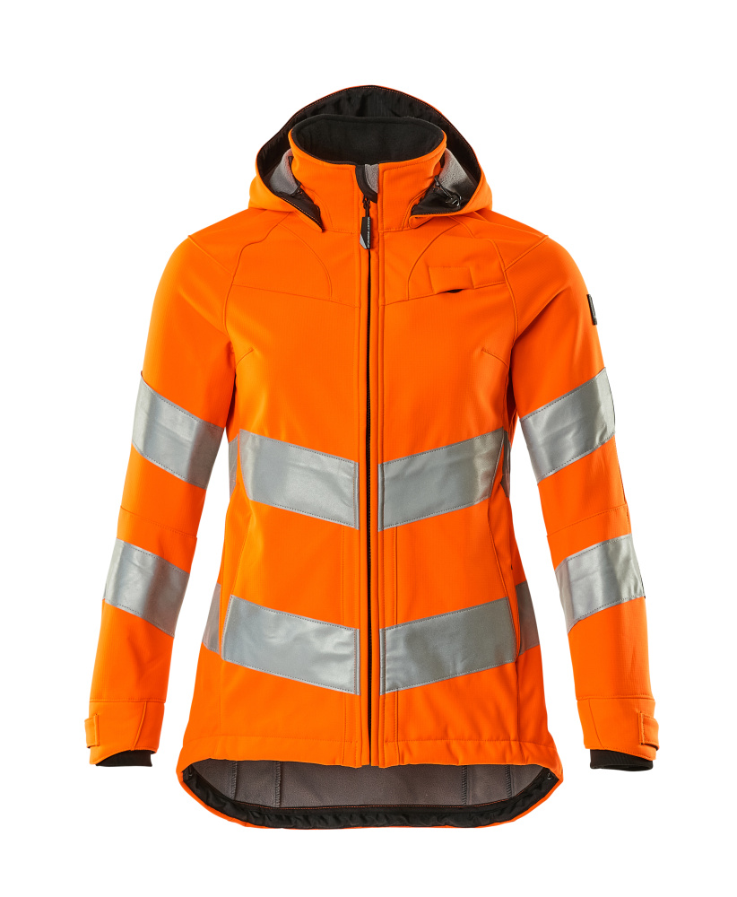 MASCOT® SAFE SUPREME Softshelljacke in Damenpassform, fluoreszierend orange mit Reflexstreifen, abnehmbarer Kapuze, verlängertem Rückenteil und Reißverschlusstaschen, Größe 2XL