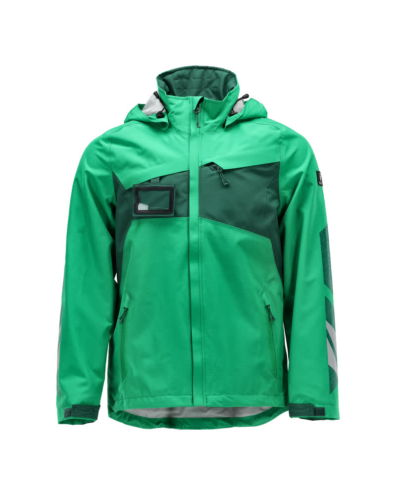 Frontansicht der MASCOT® ACCELERATE Hardshelljacke in Grasgrün/Grün, Größe 2XL, wasserdichte Winterbekleidung mit Kapuze und Reflex-Details