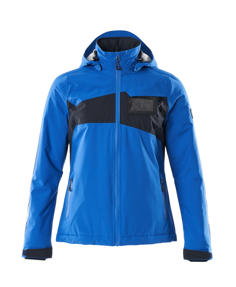 Vorderansicht der MASCOT® ACCELERATE Winterjacke in Damenpassform, Farbe Azurblau/Schwarzblau, Größe 2XL mit Kapuze und Reißverschluss