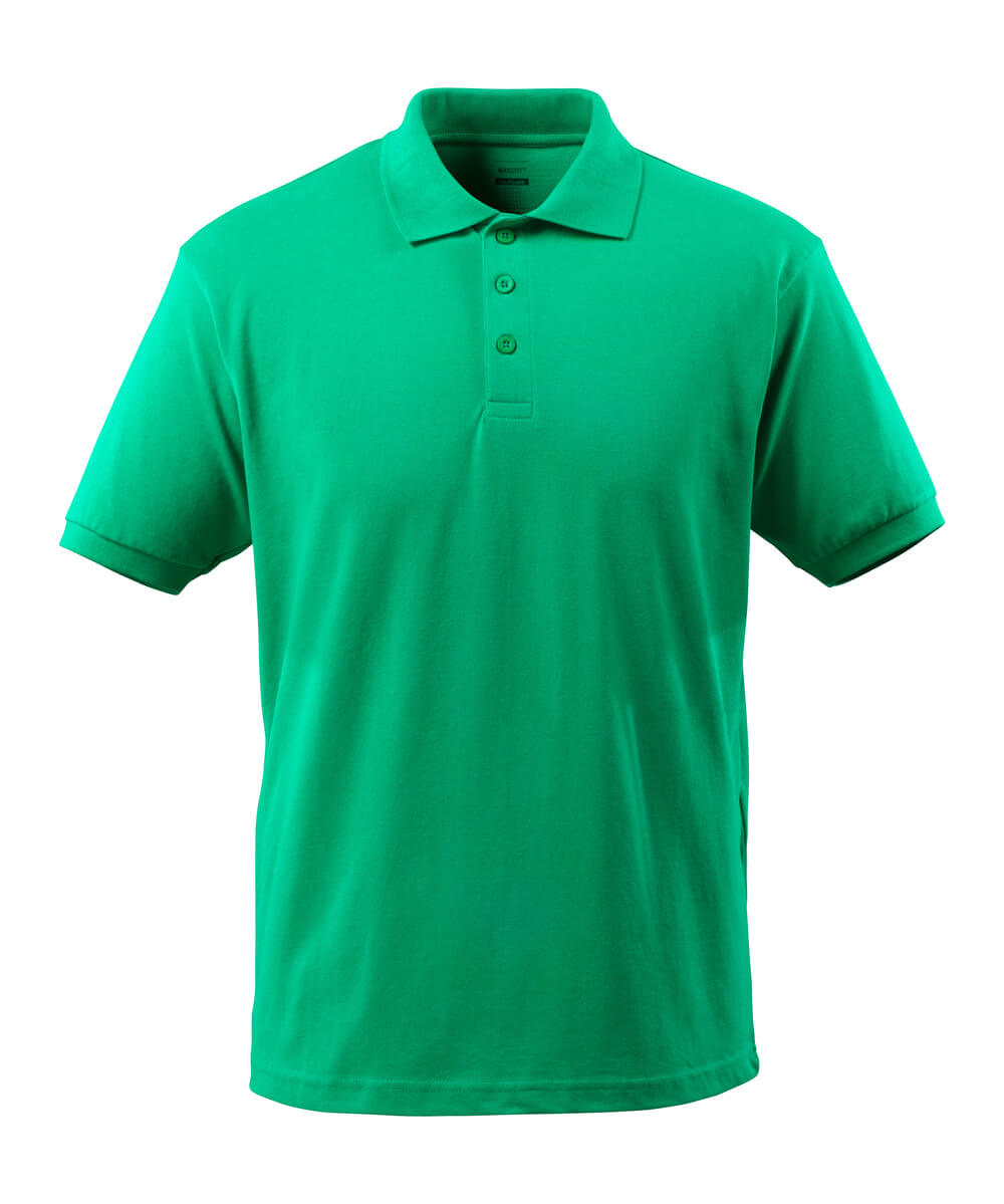 Frontansicht eines grünen Herren-Polo-Shirts aus Baumwolle mit Kragen und kurzer Knopfleiste