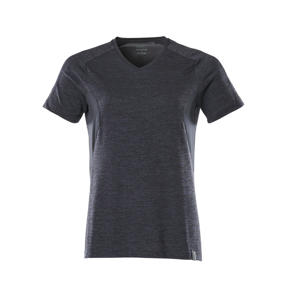 MASCOT® ACCELERATE Damen T-Shirt in schwarzblau meliert, taillierte Passform mit V-Ausschnitt, atmungsaktivem COOLMAX® Material, ideal als funktioneller Base Layer für Arbeit und Freizeit