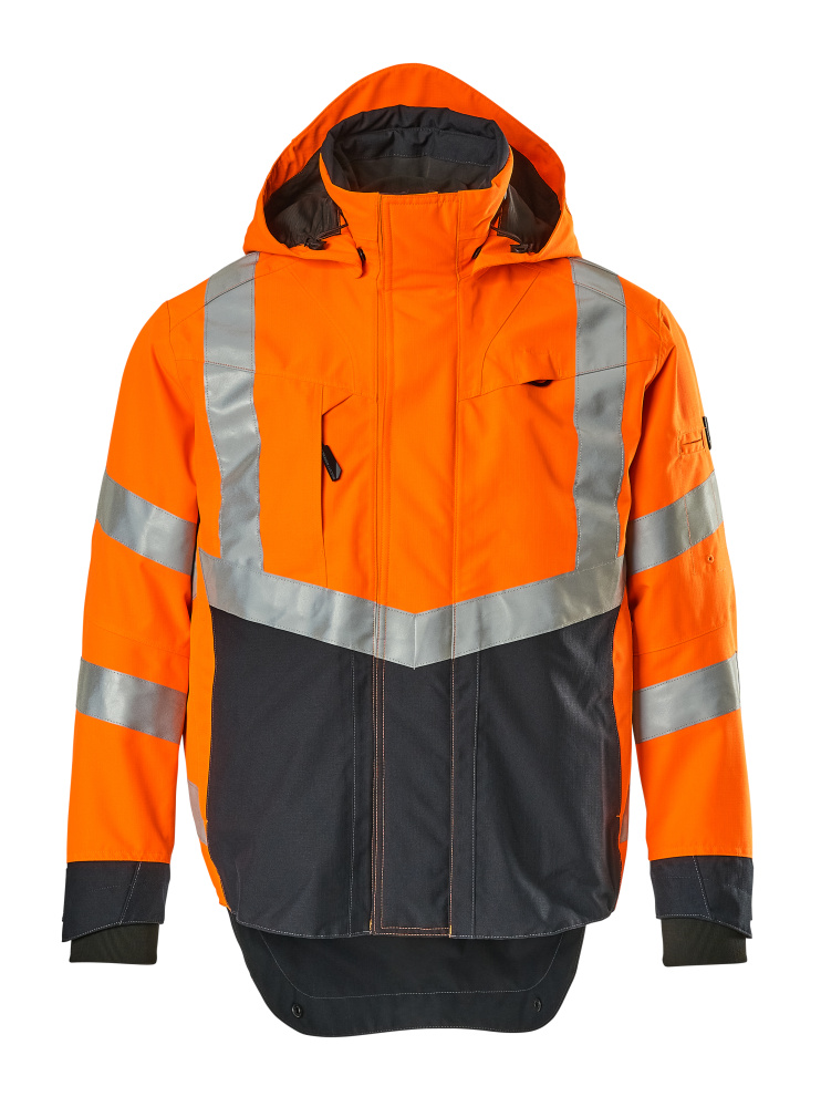 MASCOT® Harlow SAFE SUPREME Hardshelljacke in fluoreszierendem Orange/Schwarzblau mit Reflexstreifen, Kapuze und wasserdichter Funktion