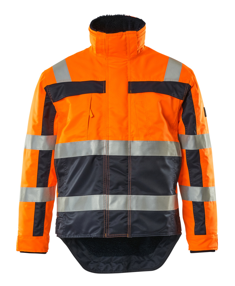 MASCOT® Teresina SAFE COMPETE Winterjacke in fluoreszierend Orange/Marine mit Reflexstreifen, Kunstpelzfutter, verlängertem Rücken und Reißverschlusstaschen