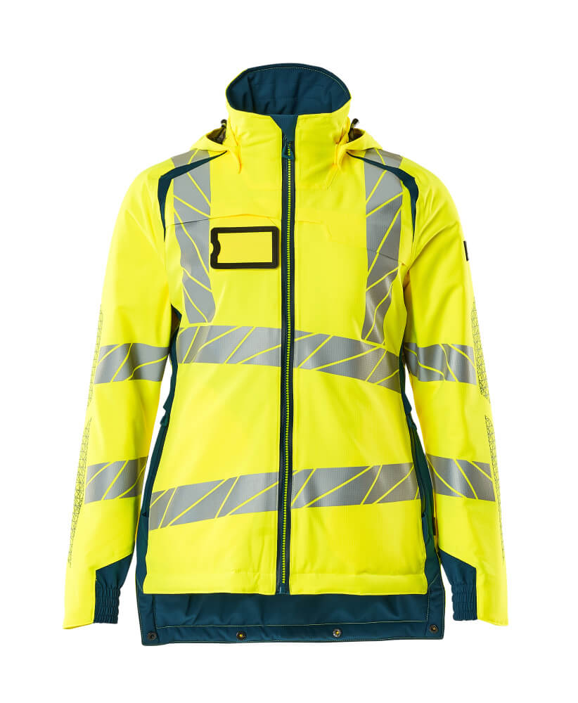 Frontansicht der MASCOT® ACCELERATE SAFE Winterjacke in Damenpassform, hi-vis Gelb/Dunkelpetroleum, mit reflektierenden Streifen für optimalen Warnschutz in Größe 2XL