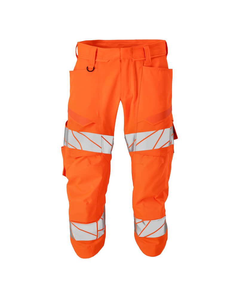 Fluoreszierende MASCOT® ACCELERATE SAFE Dreiviertel-Warnschutzhose in Hi-Vis Orange mit Reflexstreifen, Knietaschen, Stretch-Einsätzen und robusten Taschen für Arbeit & Handwerk