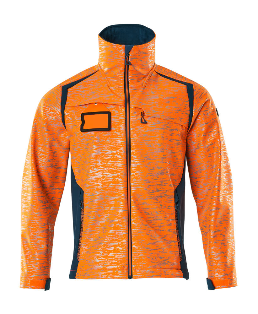 Vorderansicht der MASCOT® ACCELERATE SAFE Softshelljacke in Hi-Vis Orange/Dunkelpetroleum, zweifarbige Winterwarnschutzjacke in Größe 2XL mit Reißverschluss und Taschen