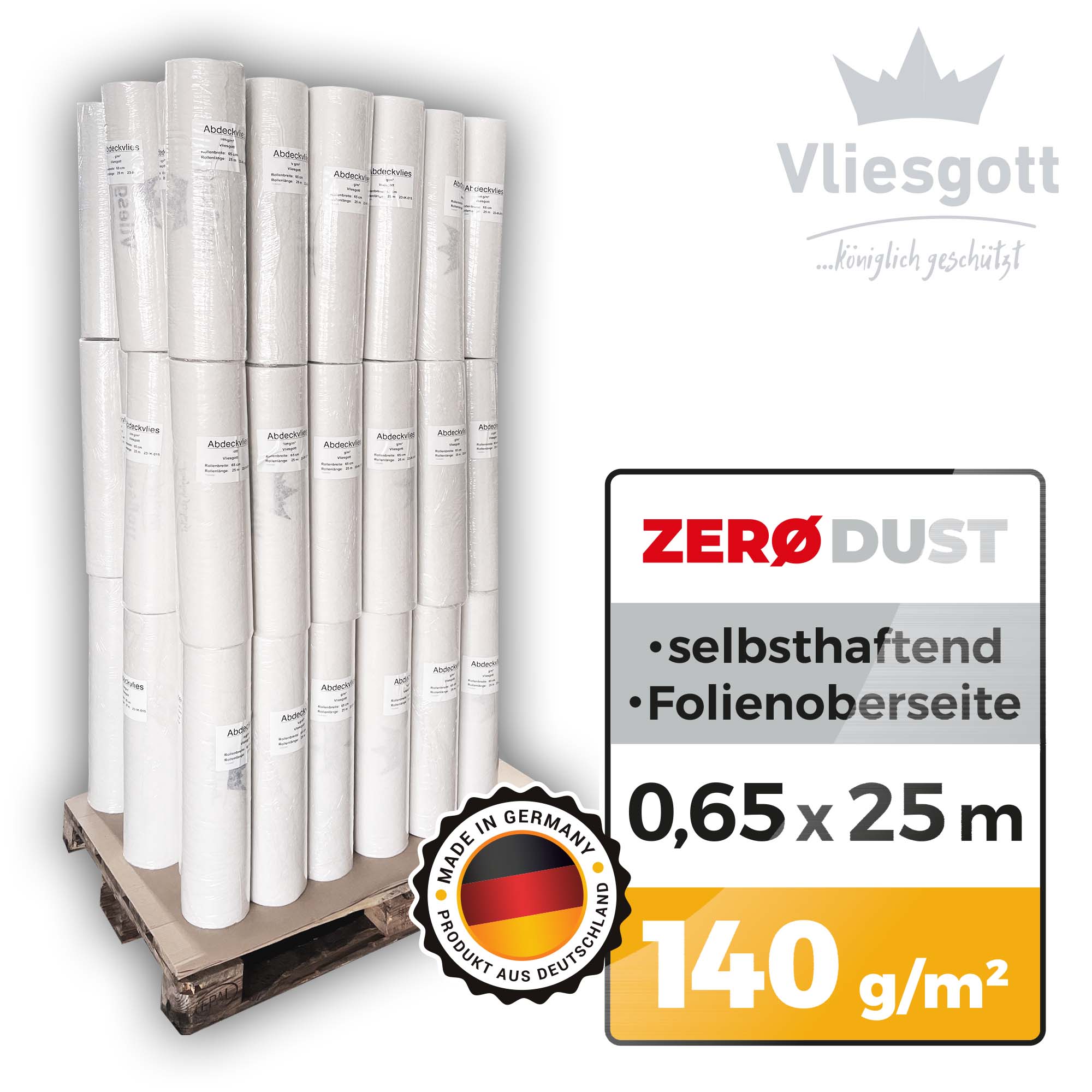 Palette mit Rollen Vliesgott ZERO DUST selbsthaftendem Abdeckvlies mit Folienoberseite, Maße 0,65 x 25 m, 140 g/m², Made in Germany