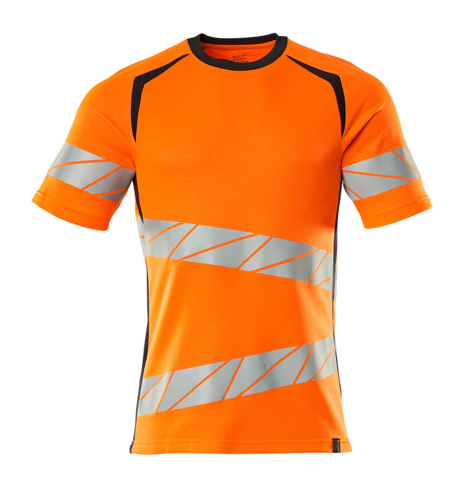 Fluoreszierendes MASCOT® ACCELERATE SAFE T-Shirt in Orange/Schwarzblau mit schrägen, elastischen Reflexstreifen, moderner Passform und Rundhalsausschnitt