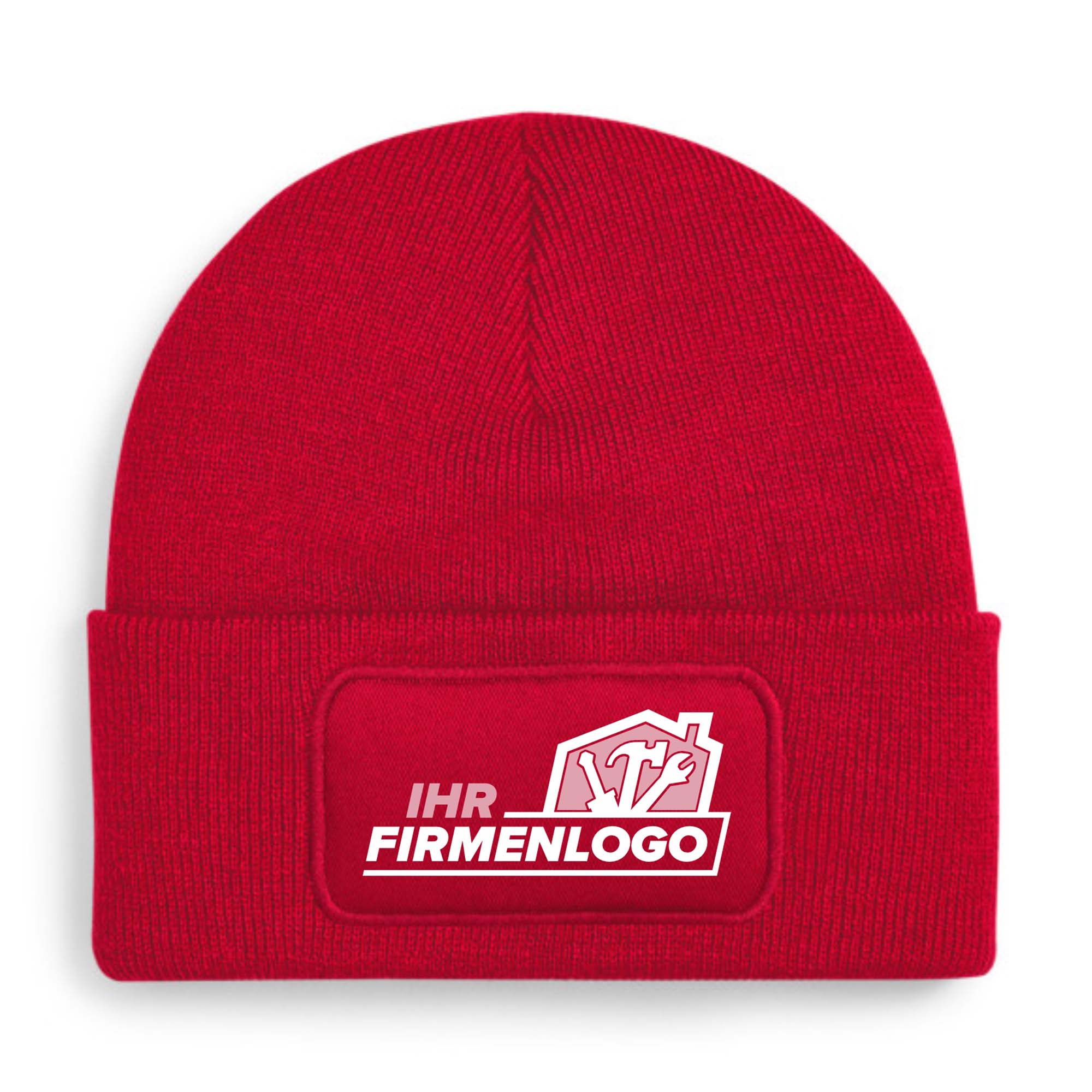 Rote Handwerker Beanie Wintermütze mit Firmenlogo-Patch