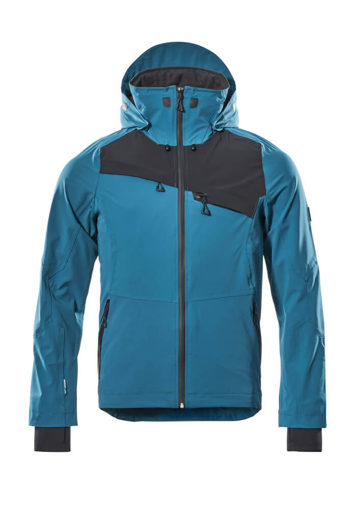 MASCOT® ADVANCED Hardshelljacke in Dunkelpetroleum/Schwarz, Größe 2XL, robuste wasserdichte Winter-Arbeitsjacke mit Kapuze und Reißverschluss vorne