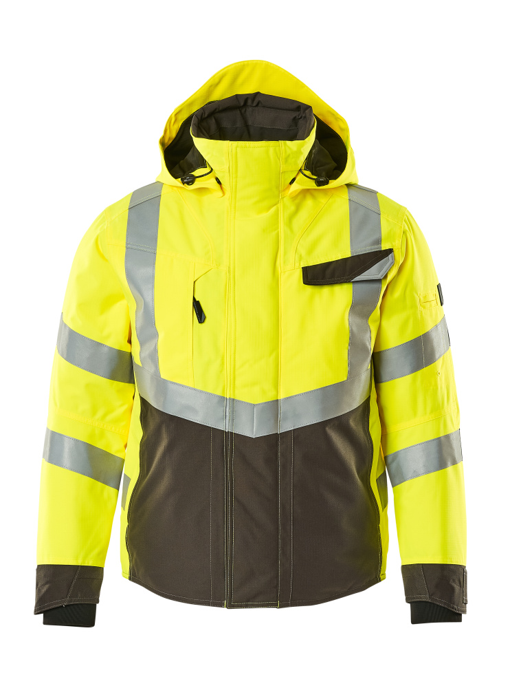 MASCOT® Hastings SAFE SUPREME Winterjacke, zweifarbige Hi-Vis-Warnschutzjacke in Gelb/Dunkelanthrazit mit Reflexstreifen und Kapuze, Größe 2XL