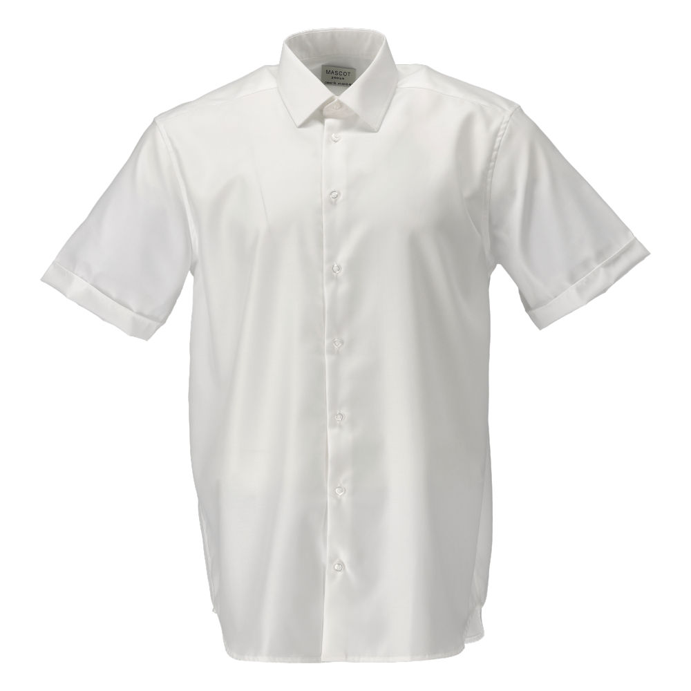 Weißes MASCOT® FRONTLINE Kurzarmhemd aus 100 % Baumwolle, klassisch geschnitten mit Kragenstäbchen, Knopfleiste und bequemer, großzügiger Passform für Corporate Casual