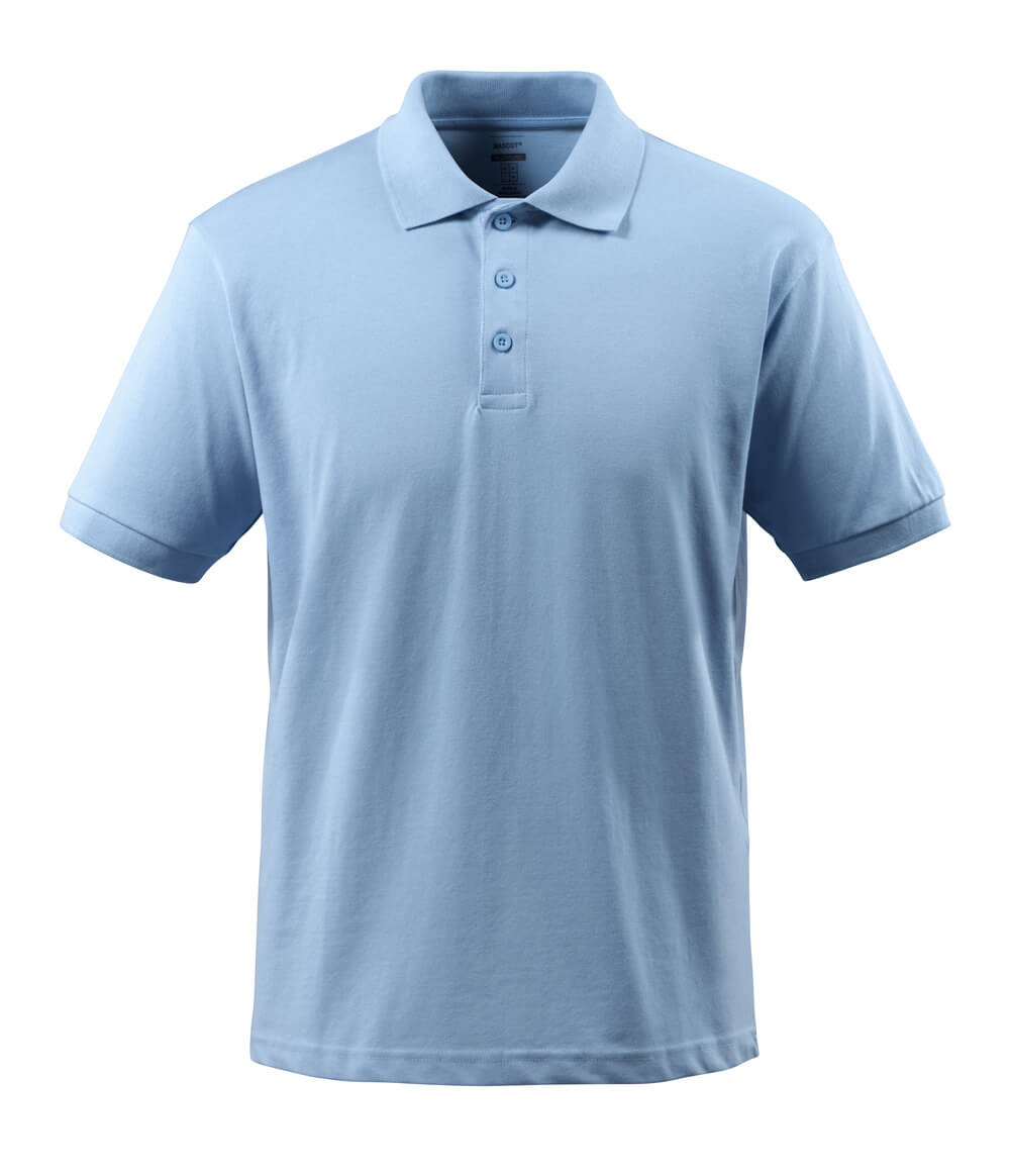 Abbildung eines hellblauen Herren-Poloshirts mit Kurzarm, klassischem Kragen und dreifacher Knopfleiste