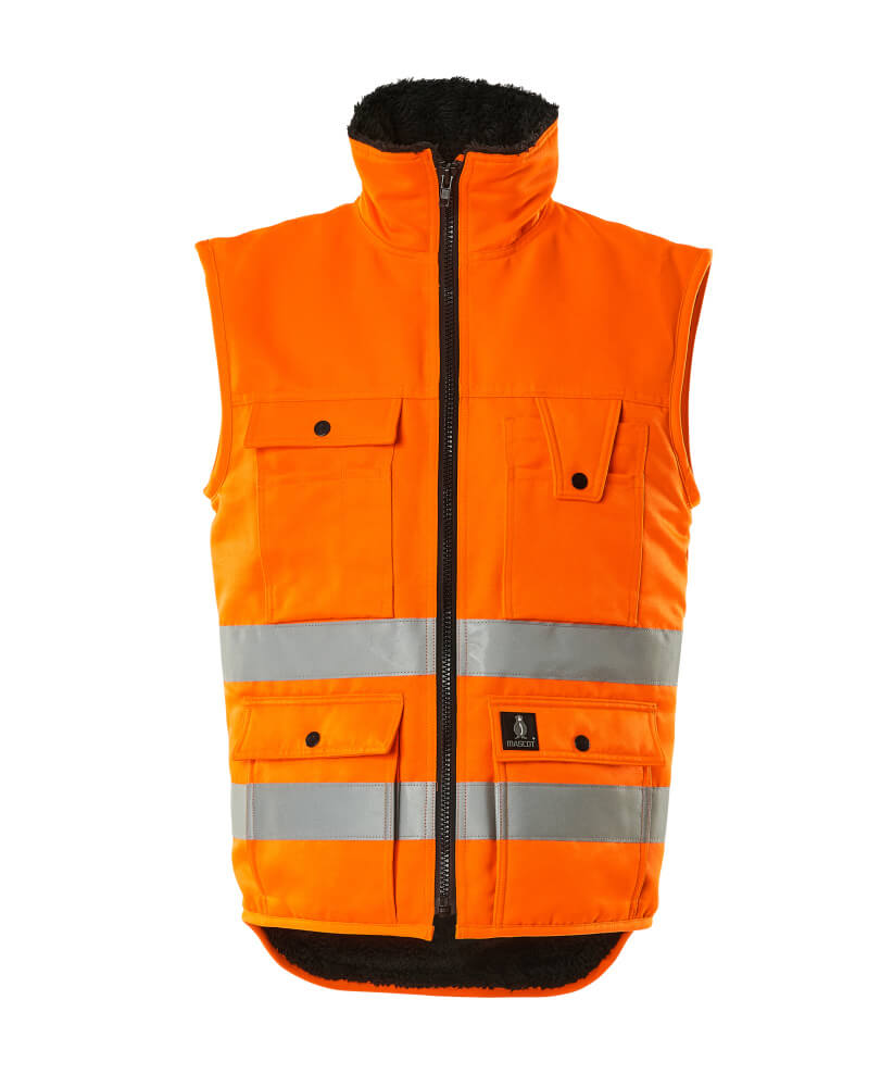 MASCOT® Sölden SAFE ARCTIC Winterweste in fluoreszierendem Hi-Vis-Orange mit Reflexstreifen, wasserabweisendem Obermaterial, Kunstpelzfutter, Reißverschluss, Brust- und Vordertaschen sowie D-Ring für Schlüssel oder ID-Karten