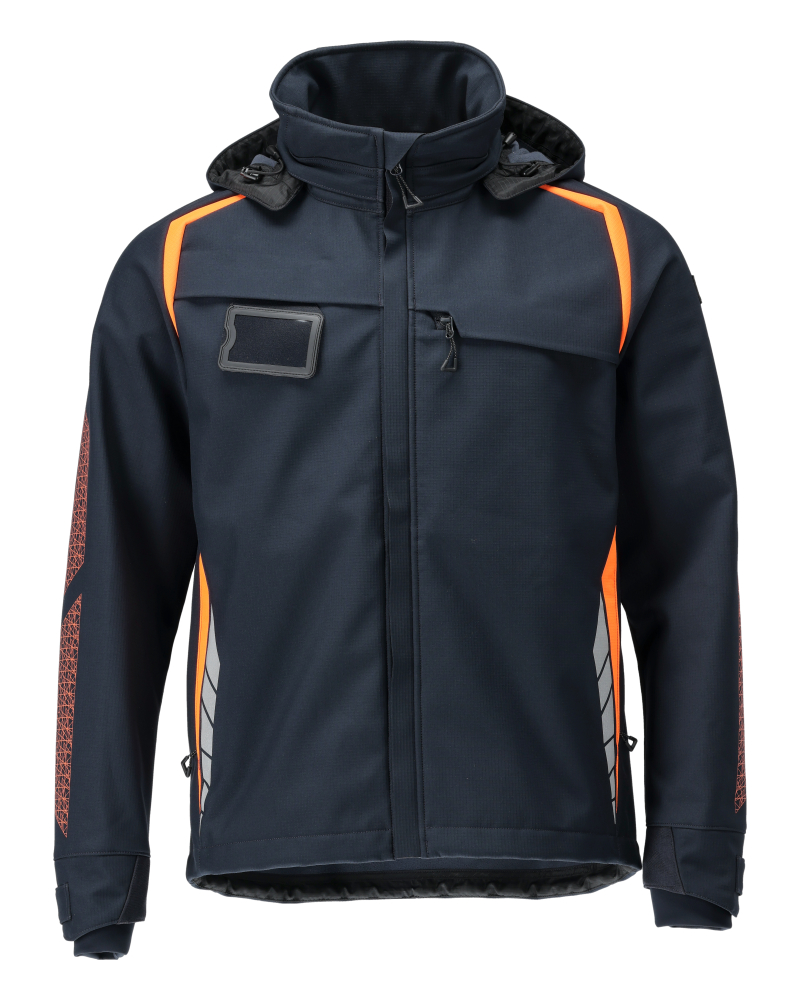 MASCOT® ACCELERATE SAFE Softshelljacke mit Kapuze in Schwarzblau/Hi-vis Orange, atmungsaktiv, winddicht, wasserabweisend, mit verlängertem Rücken und reflektierenden Details