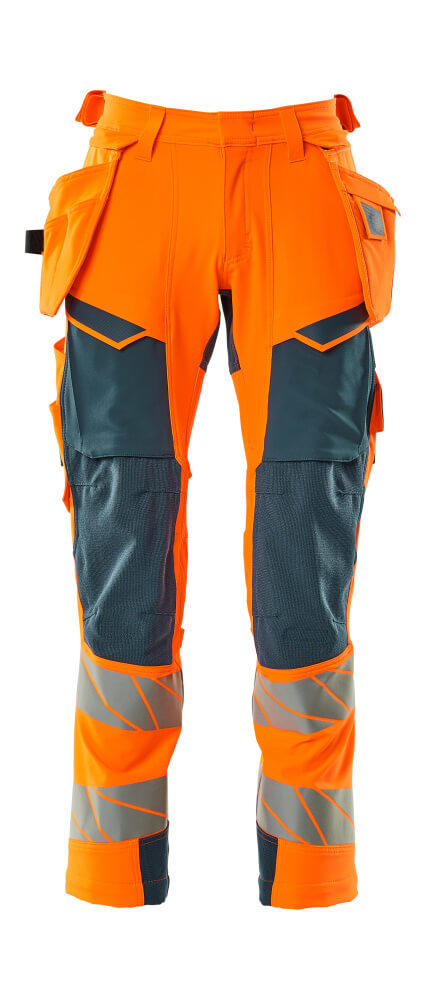 MASCOT® ACCELERATE SAFE Warnschutz-Hose mit Hängetaschen in Hi-vis Orange/Moosgrün 82C47, robuste Arbeitshose mit Reflexstreifen für hohe Sichtbarkeit