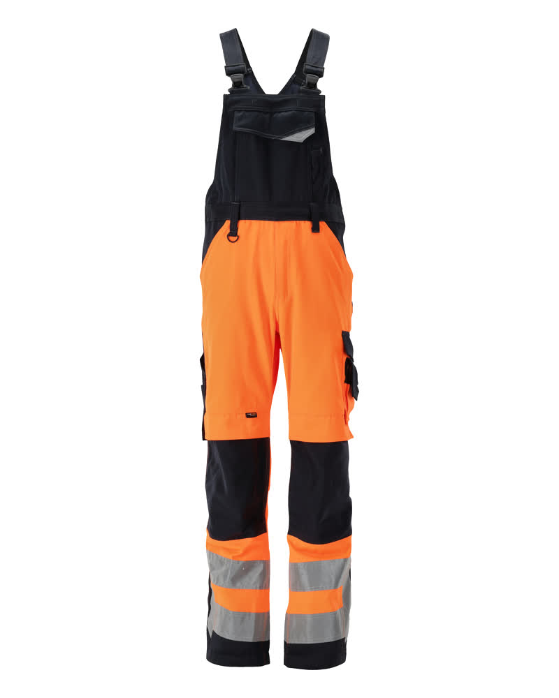 MASCOT® Newcastle SAFE SUPREME Latzhose mit Knietaschen, zweifarbige Warnschutz-Latzhose in Hi-vis Orange/Schwarz mit Reflexstreifen für hohe Sichtbarkeit